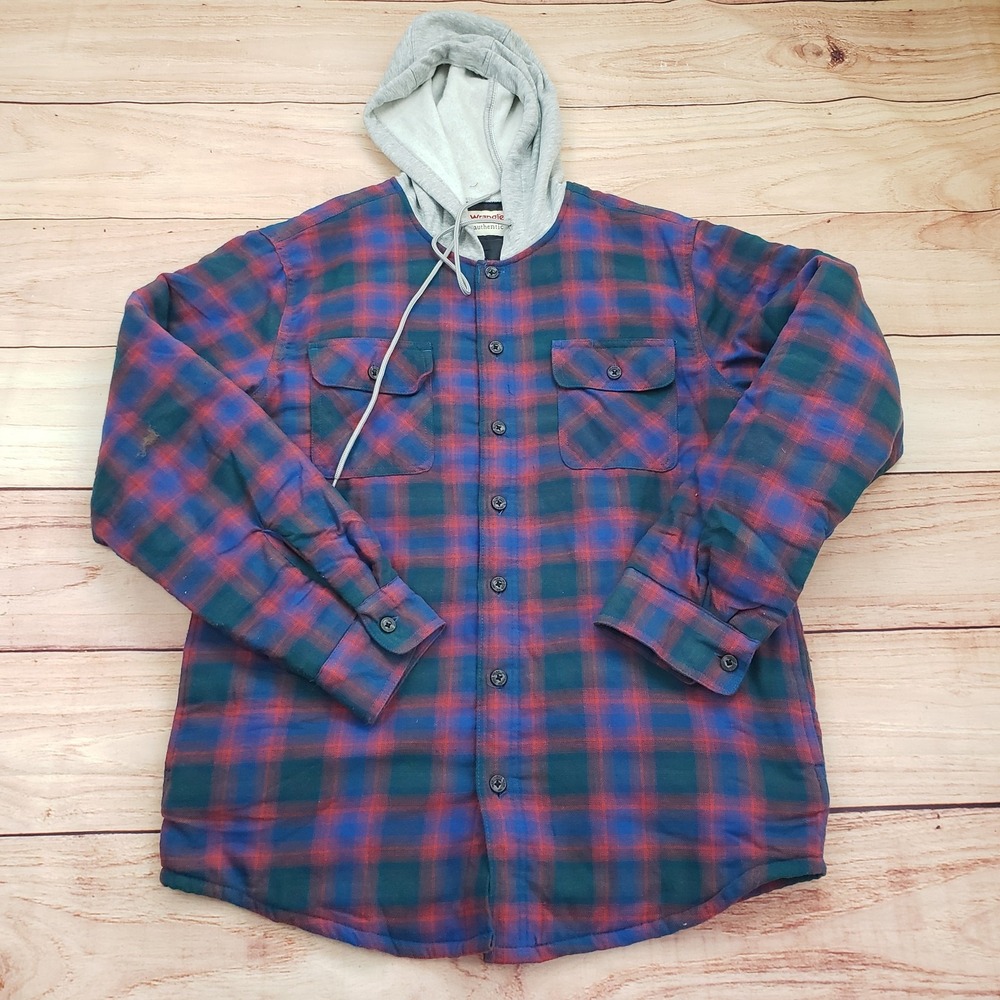 Wrangler Jacket Mens Medium Blue Red Plaid Hooded‎ Flannel Lined Warm Outdoor